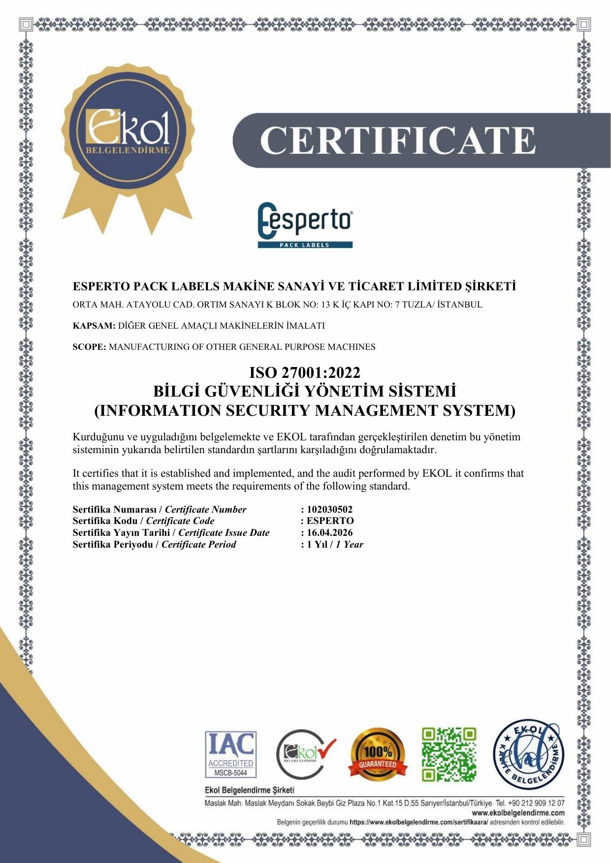 ISO 27001:2022 – Bilgi Güvenliği Yönetim Sistemi