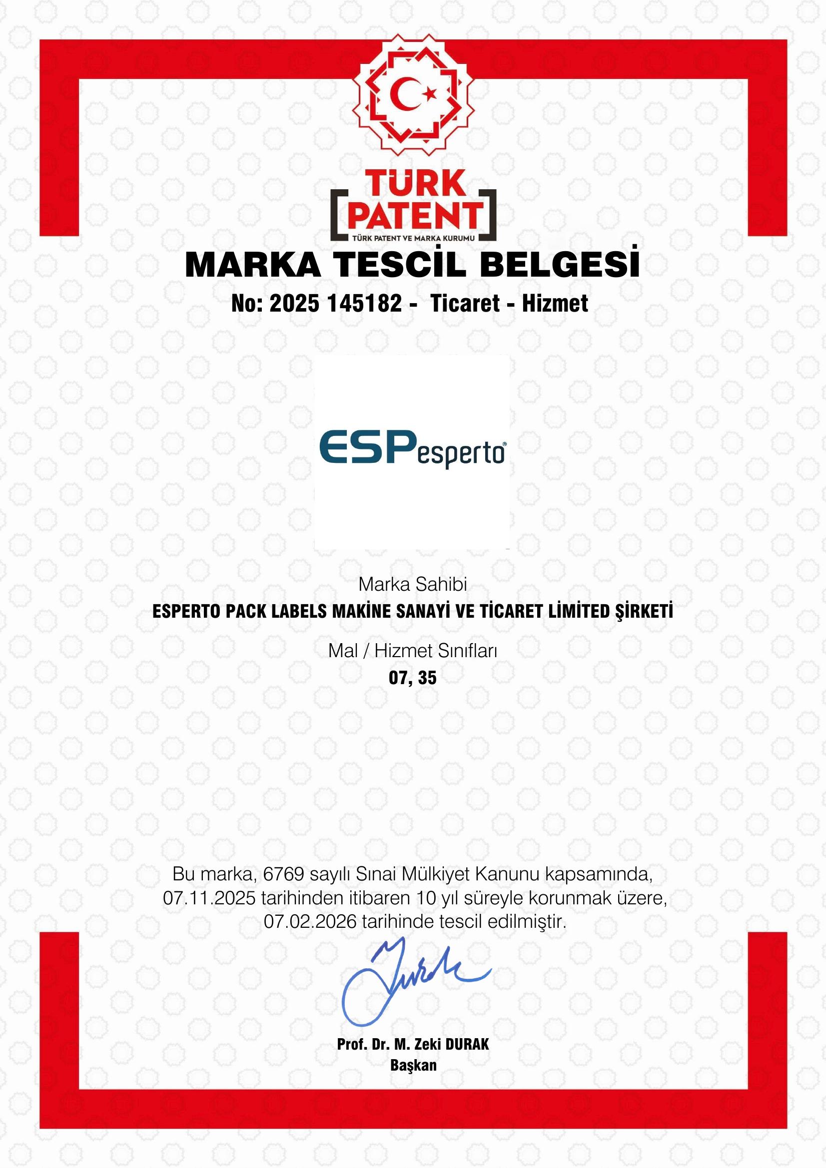 2025/145182 – Ticaret – Hizmet – EspEsperto Marka Tescil Belgesi