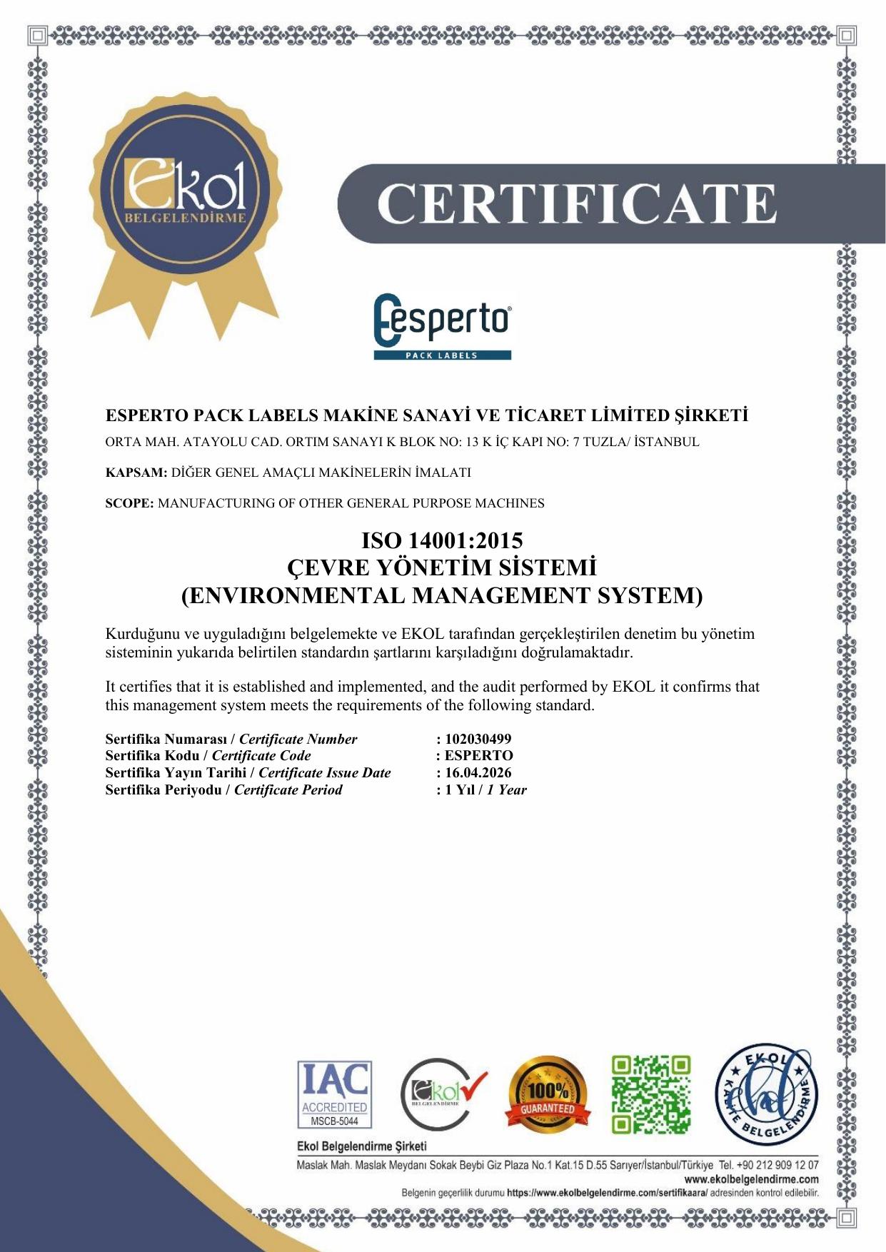 ISO 14001:2015 – Çevre Yönetim Sistemi
