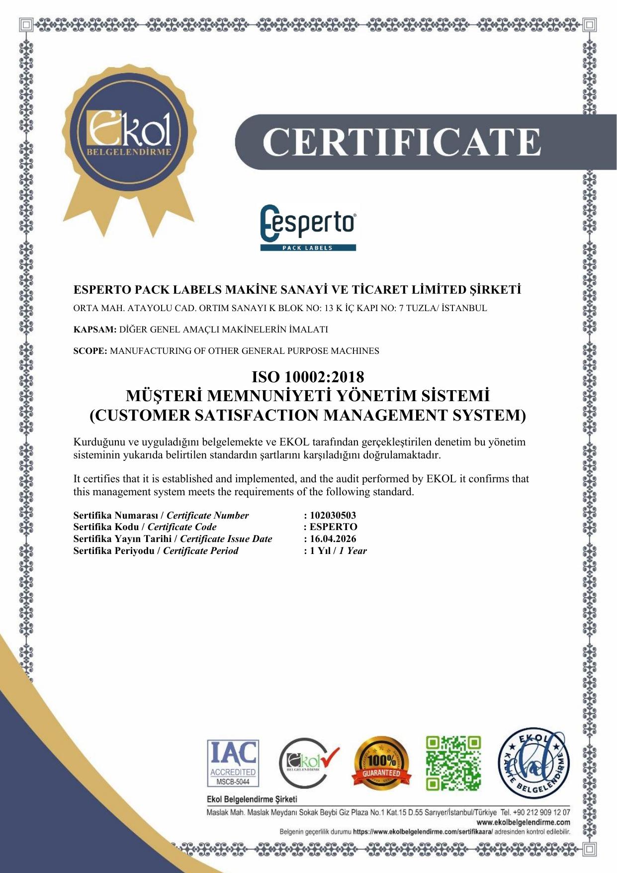 ISO 10002:2018 – Müşteri Memnuniyeti Yönetim Sistemi