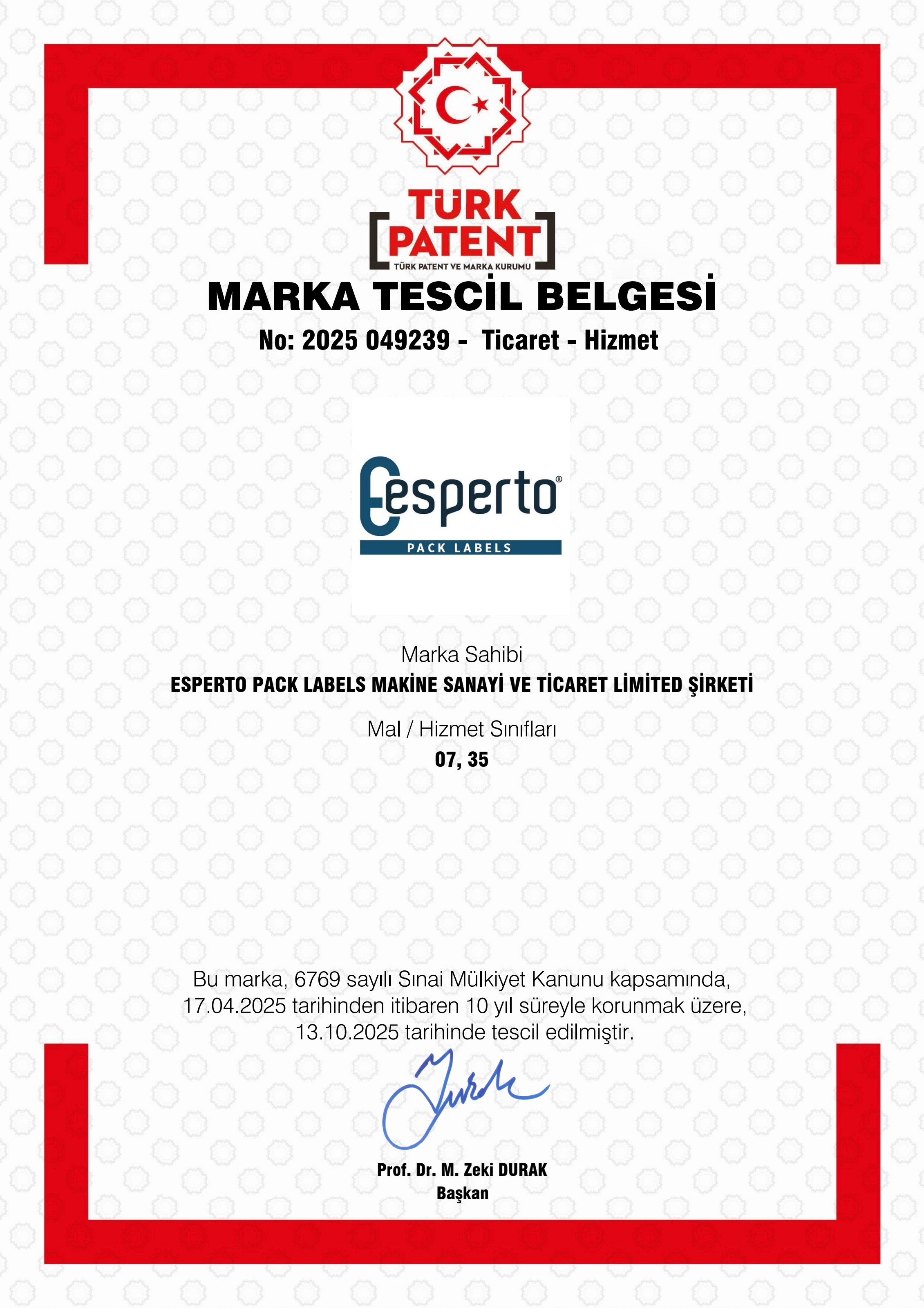 TPMK – 2025/049239 – Esperto Marka Tescil Belgesi