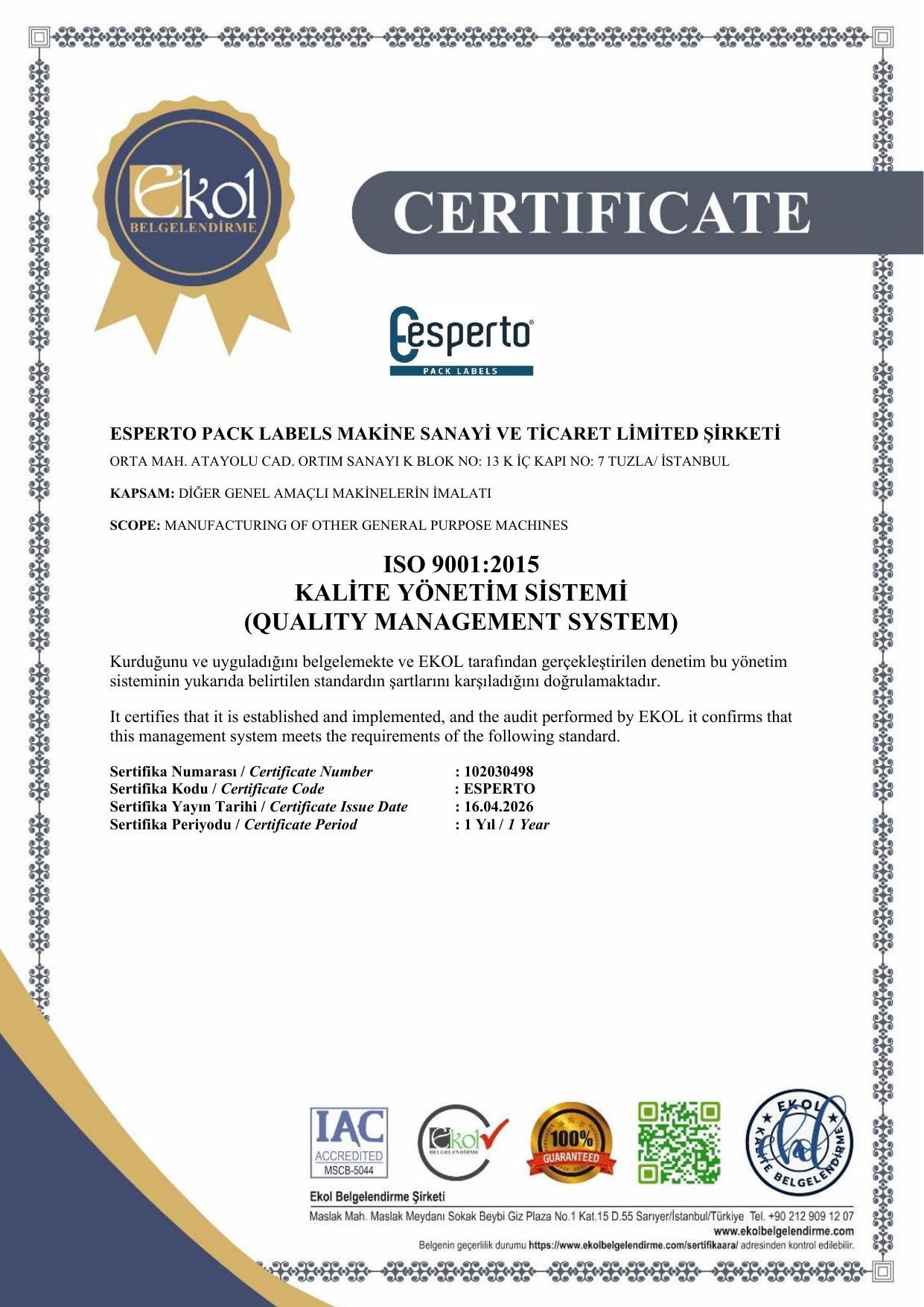 ISO 9001:2015 – Kalite Yönetim Sistemi