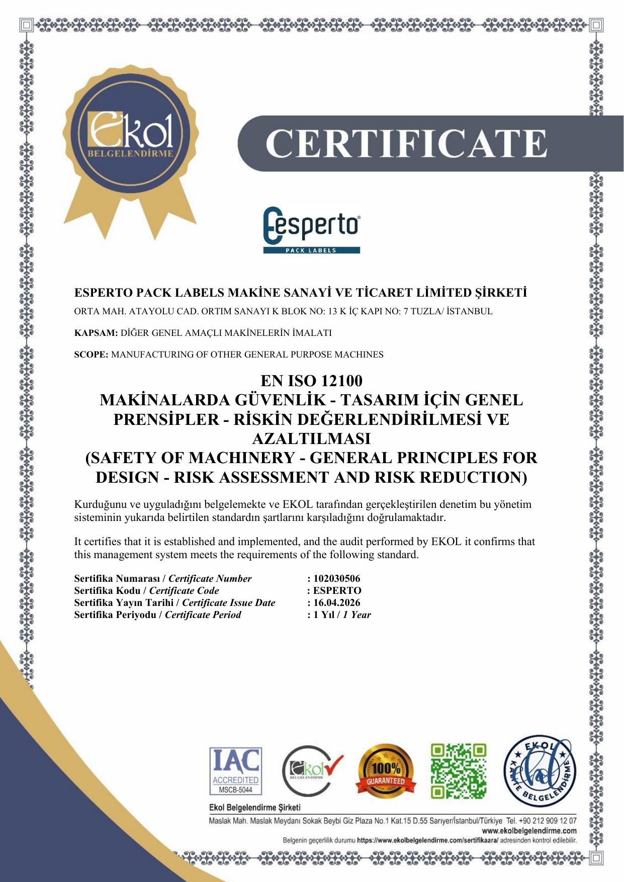 EN ISO 12100 – Makinalarda Güvenlik – Risk Değerlendirilmesi ve Azaltılması