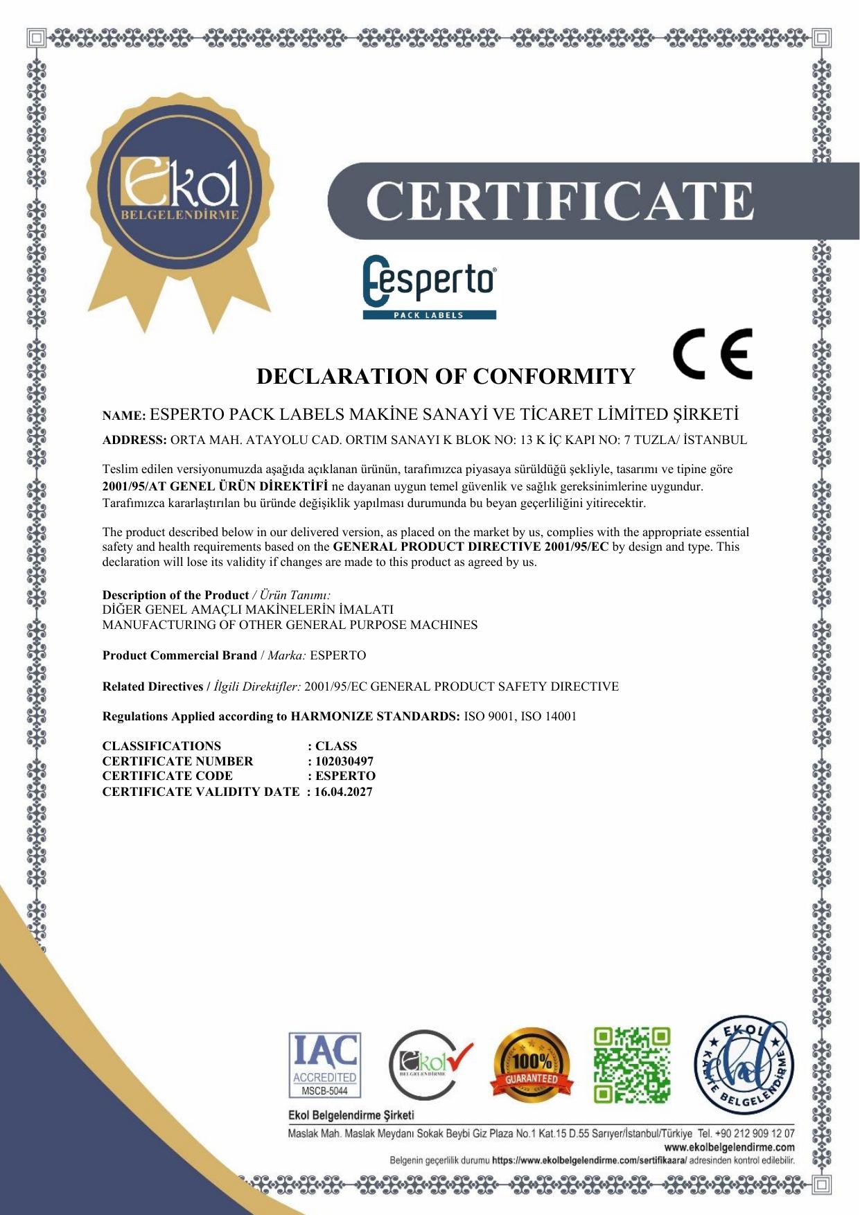 CE – 2001/95/EC – Uygunluk Beyanı (Declaration of Conformity)